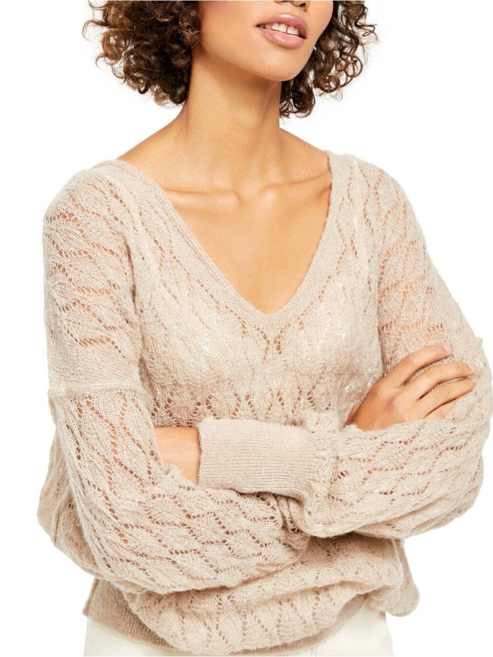 Free People Soft Beige V-Neck Lace Knit Sweater